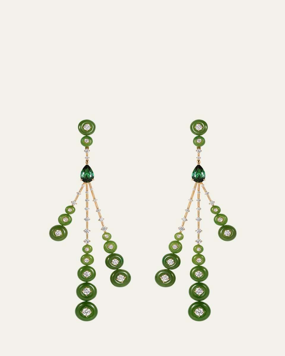 18K Yellow Gold Rocket Earrings with Diamonds, Tourmaline and Jade